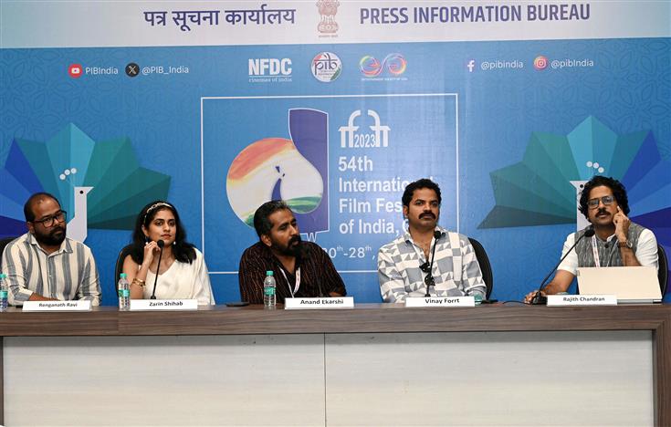 The Director of Malayalam movie Aattam, Shri Anand Ekarshi addressing a Press Conference at 54th International Film Festival of India (IFFI), in Goa on November 21, 2023. 