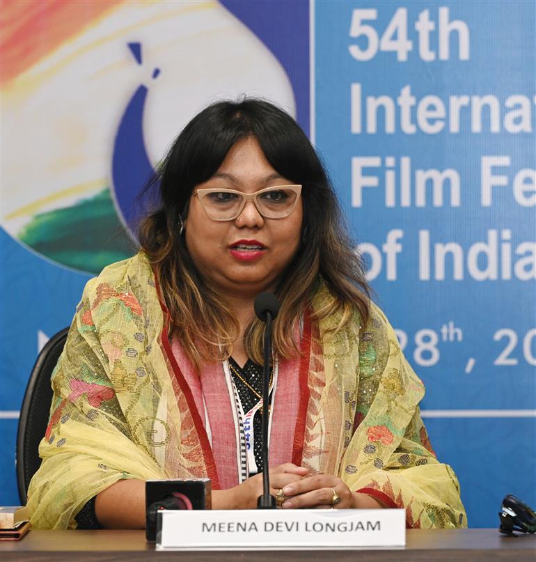 Longjam Meena Devi, Director of Opening Non Feature Film of Indian Panorama “Andro Dreams (Manipuri)” in conversation with media at the 54th International Film Festival of India (IFFI) in IFFI Media Center, Goa on November 21, 2023.