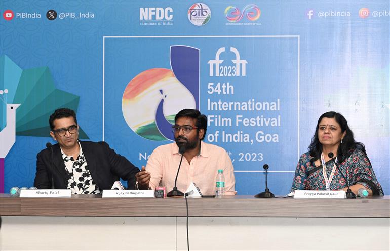 The Actor, Shri Vijay Sethupathi, Producers Shri Rajesh Kejriwal and Shri Shariq Patel addressing a Press conference on upcoming film ‘Gandhi Talks’ at the 54th International Film Festival of India (IFFI), in Goa on November 21, 2023.