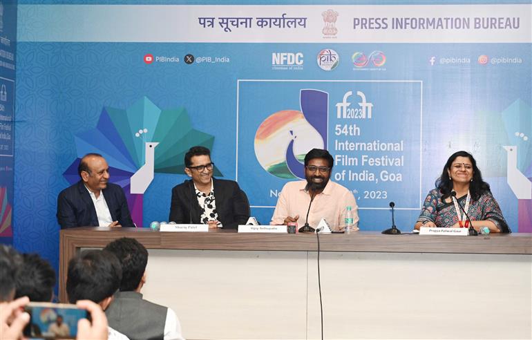 The Actor, Shri Vijay Sethupathi, Producers Shri Rajesh Kejriwal and Shri Shariq Patel addressing a Press conference on upcoming film ‘Gandhi Talks’ at the 54th International Film Festival of India (IFFI), in Goa on November 21, 2023.
