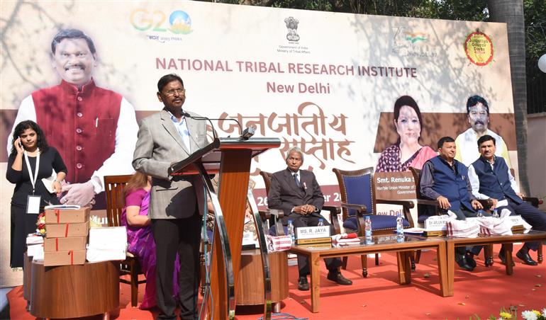 The Union Minister for Tribal Affairs, Shri Arjun Munda addressing the event on Tribal Development - 'Aadi Vyakhyan’ - through the eyes of Tribal Thinkers, Writers & Leaders', in New Delhi on November 21, 2023.