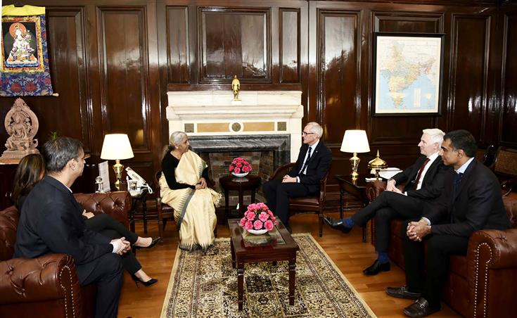 Mr Gordon J. Fyfe, Chief Executive Officer and Chief Investment Officer of British Columbia Investment Management Corporation (BCI) calls on the Union Minister for Finance and Corporate Affairs, Smt. Nirmala Sitharaman, in New Delhi on November 22, 2023.