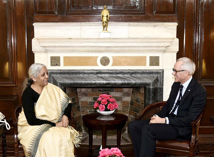 Mr Gordon J. Fyfe, Chief Executive Officer and Chief Investment Officer of British Columbia Investment Management Corporation (BCI) calls on the Union Minister for Finance and Corporate Affairs, Smt. Nirmala Sitharaman, in New Delhi on November 22, 2023.