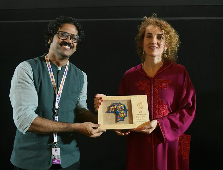 Caroline Locardi, Producer of the film “Fez Summer ‘55” felicitated by Rajith Chandran IIS at 54th IFFI, in Goa on November on 24, 2023.