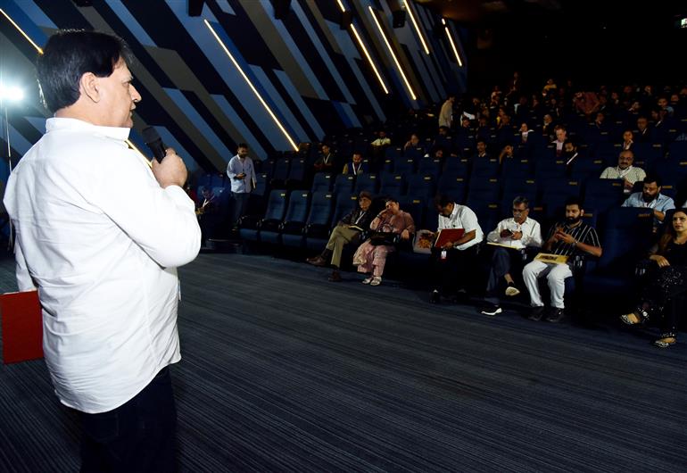 Praveen Arora, Director of the Indian Panorama Feature film “Dhai Aakhar” interacting with film enthusiasts at the presentation of film in 54th IFFI, Goa on November 25, 2023.