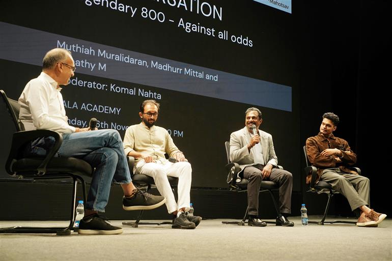 Muthaiah Muralidharan along with the cast and crew of the film, “800 The Movie” at an in-conversation/masterclass session on his biopic at the 54th IFFI, in Goa on November 26, 2023.