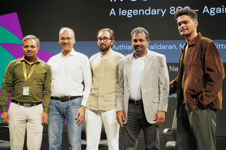 Muthaiah Muralidharan along with the cast and crew of the film, “800 The Movie” at an in-conversation/masterclass session on his biopic, at the 54th IFFI, in Goa on November 26, 2023.