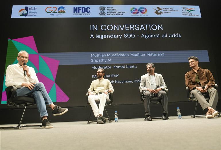 Muthaiah Muralidharan along with the cast and crew of the film, “800 The Movie” at an in-conversation/masterclass session on “A Legendary 800: Against All Odds” at the 54th IFFI, in Goa on November 26, 2023.