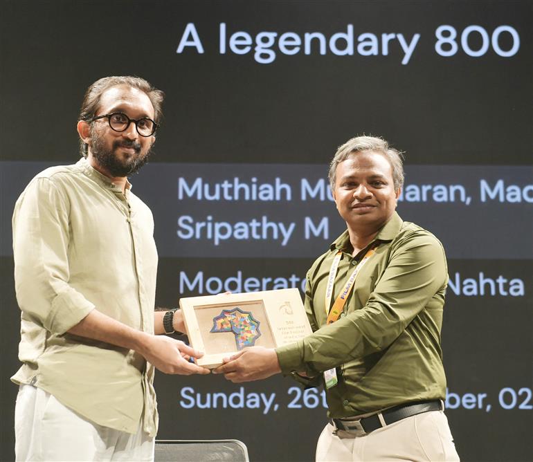 MS Sripathy, director of the movie “800”, felicitated at an in-conversation/masterclass session on “A Legendary 800: Against All Odds” at the 54th IFFI, in Goa on November 26, 2023.
