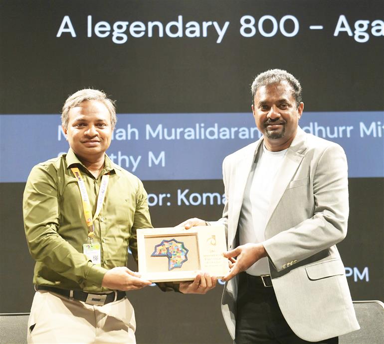 Muthaiah Muralidharan, Sri Lankan cricketer felicitated at an in-conversation/masterclass session on “A Legendary 800: Against All Odds” at the 54th IFFI, in Goa on November 26, 2023.