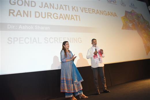 Ashoke Sharan, Director of the film ‘Gond Janjati Ki Veerangana Rani Durgawati”(Special Screening) interacts with the audience at a presentation of the film at the 54th IFFI, in Goa on November 27, 2023.