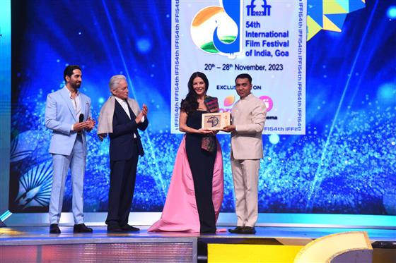 Catherine Zeta-Jones, actress and wife of Satyajit Ray award winner Michael Douglas felicitated at the closing ceremony of the 54th IFFI, in Goa on November 28, 2023.