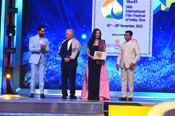 Catherine Zeta-Jones, actress and wife of Satyajit Ray award winner Michael Douglas felicitated at the closing ceremony of the 54th IFFI, in Goa on November 28, 2023.