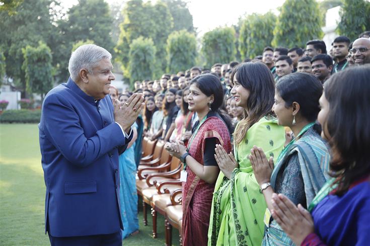 The Vice President and Chairman of Rajya Sabha, Shri Jagdeep Dhankhar meets the 2021 batch Officers of the Indian Administrative Service (IAS) at his residence (Upa-Rashtrapati Nivas), in New Delhi on October 04, 2023.