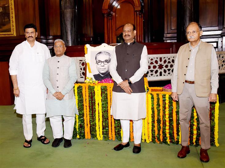 The Speaker of Lok Sabha, Shri Om Birla and other dignitaries paid homage to former Lok Sabha Speaker, Shri Bali Ram Bhagat on his birth anniversary at Parliament House, in New Delhi on October 07, 2023.