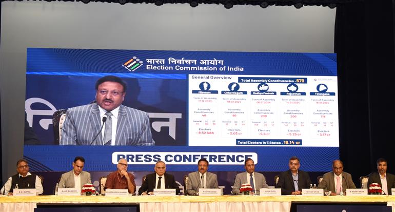 The Chief Election Commissioner, Shri Rajiv Kumar interacting with media at the Press Conference organised by the Election Commission of India for the General Elections to the Legislative Assemblies of Mizoram, Chhattisgarh, Madhya Pradesh, Rajasthan and Telangana, in New Delhi on October 09, 2023.