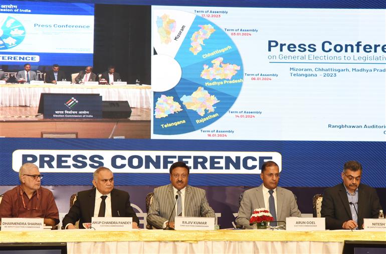 The Chief Election Commissioner, Shri Rajiv Kumar interacting with media at the Press Conference organised by the Election Commission of India for the General Elections to the Legislative Assemblies of Mizoram, Chhattisgarh, Madhya Pradesh, Rajasthan and Telangana, in New Delhi on October 09, 2023.