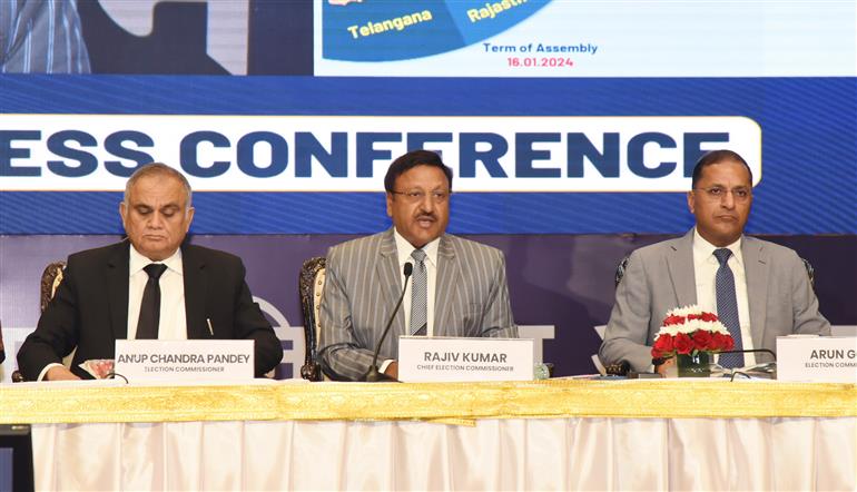 The Chief Election Commissioner, Shri Rajiv Kumar interacting with media at the Press Conference organised by the Election Commission of India for the General Elections to the Legislative Assemblies of Mizoram, Chhattisgarh, Madhya Pradesh, Rajasthan and Telangana, in New Delhi on October 09, 2023.