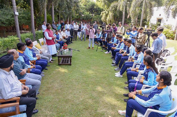 The Union Minister for Tribal Affairs, Shri Arjun Munda interacting with medal-winning Indian Archery contingent from Asian Games at his residence, in New Delhi on October 10, 2023.