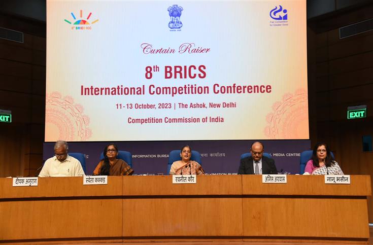 The Chairperson, Competition Commission of India, Smt. Ravneet Kaur addressing the media at the Curtain Raiser event of upcoming 8th BRICS International Competition Conference during 11th – 13th Oct, in New Delhi on October 10, 2023.