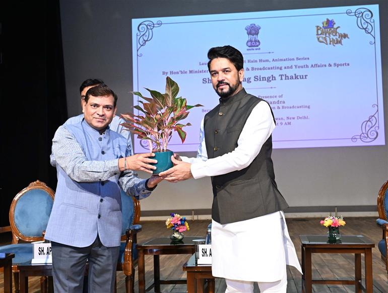 The Union Minister for Information & Broadcasting, Youth Affairs and Sports, Shri Anurag Singh Thakur at the launch of KTB-Bharat Hain Hum, Animation Series, in New Delhi on October 11, 2023.