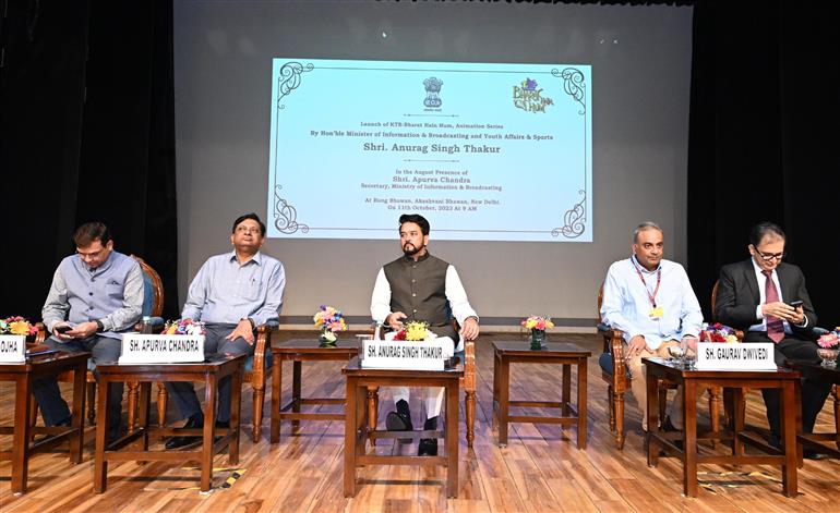 The Union Minister for Information & Broadcasting, Youth Affairs and Sports, Shri Anurag Singh Thakur at the launch of KTB-Bharat Hain Hum, Animation Series, in New Delhi on October 11, 2023.