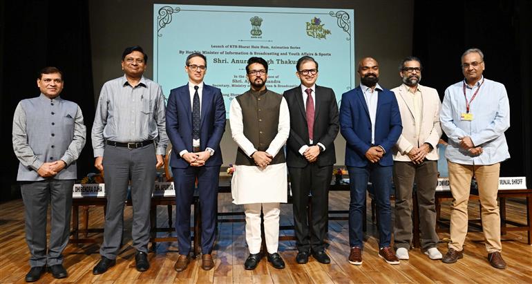 The Union Minister for Information & Broadcasting, Youth Affairs and Sports, Shri Anurag Singh Thakur at the launch of KTB-Bharat Hain Hum, Animation Series, in New Delhi on October 11, 2023.