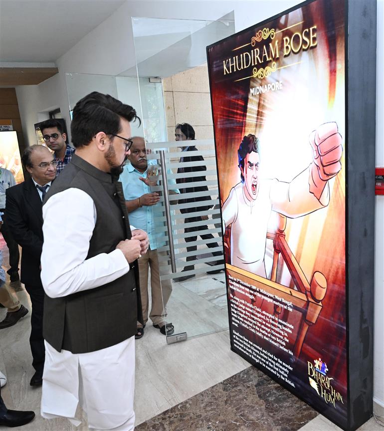 The Union Minister for Information & Broadcasting, Youth Affairs and Sports, Shri Anurag Singh Thakur at the launch of KTB-Bharat Hain Hum, Animation Series, in New Delhi on October 11, 2023.