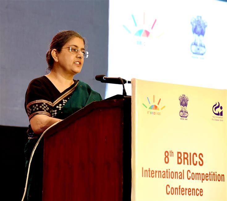 The Chairperson, Competition Commission of India (CCI), Ms. Ravneet Kaur addressing at 8th Brics International Competition Conference, in New Delhi on October 12, 2023.