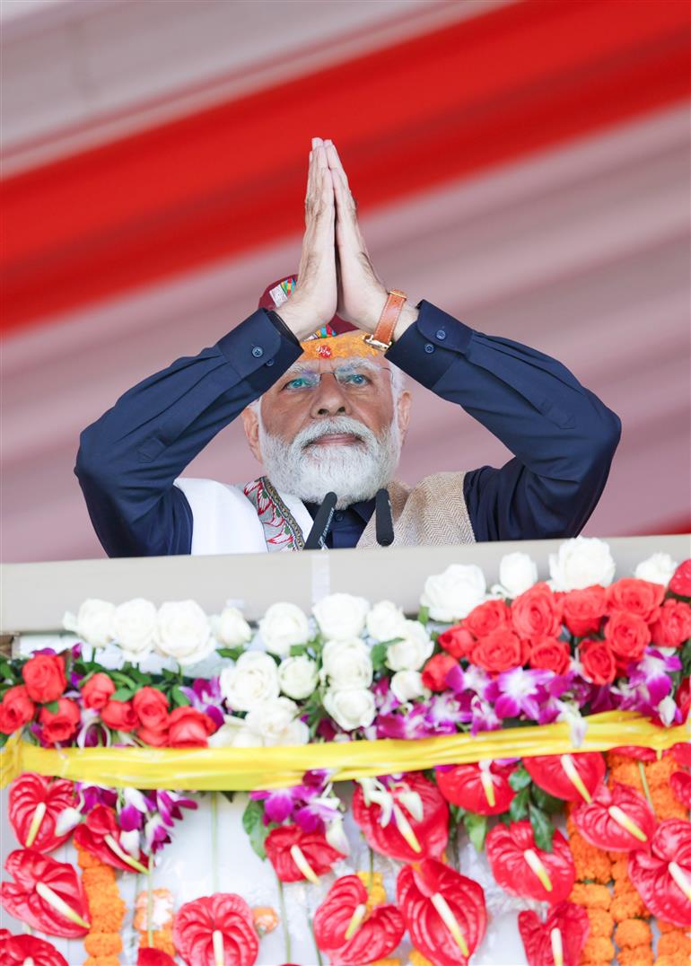 PM addressing at the laying foundation stone of various projects at Pithoragarh, in Uttarakhand on October 12, 2023.