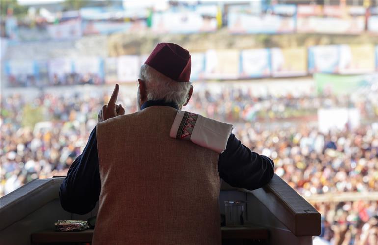 PM addressing at the laying foundation stone of various projects at Pithoragarh, in Uttarakhand on October 12, 2023.