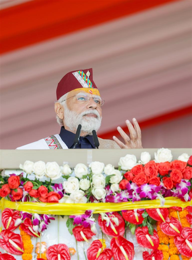 PM addressing at the laying foundation stone of various projects at Pithoragarh, in Uttarakhand on October 12, 2023.