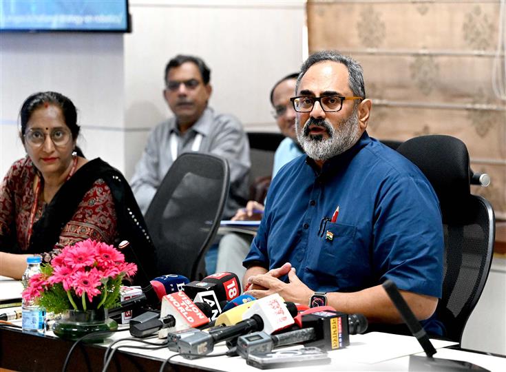 The Minister of State for Skill Development & Entrepreneurship, Electronics and Information Technology, Shri Rajeev Chandrasekhar briefing the media about National Strategy on Robotics at Electronics Niketan (CGO Complex), in New Delhi on October 13, 2023.