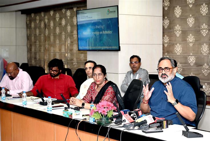 The Minister of State for Skill Development & Entrepreneurship, Electronics and Information Technology, Shri Rajeev Chandrasekhar briefing the media about National Strategy on Robotics at Electronics Niketan (CGO Complex), in New Delhi on October 13, 2023.