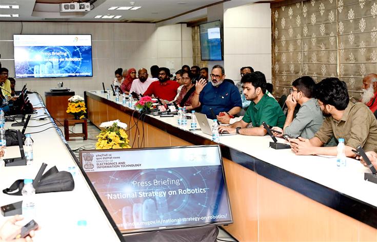 The Minister of State for Skill Development & Entrepreneurship, Electronics and Information Technology, Shri Rajeev Chandrasekhar briefing the media about National Strategy on Robotics at Electronics Niketan (CGO Complex), in New Delhi on October 13, 2023.