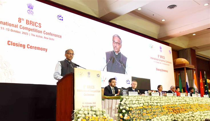 The Secretary, Ministry of Corporate Affairs, Sh. Manoj Govil addresses the closing ceremony of the 8th BRICS International Competition Conference being organized by the Competition Commission of India at Hotel Ashok, in New Delhi on October 13, 2023.