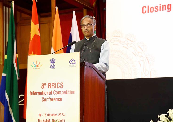 The Secretary, Ministry of Corporate Affairs, Sh. Manoj Govil addresses the closing ceremony of the 8th BRICS International Competition Conference being organized by the Competition Commission of India at Hotel Ashok, in New Delhi on October 13, 2023.