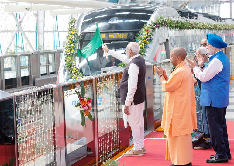 PM flags off the RapidX train between Sahibabad to Duhai Depot, in Uttar Pradesh on October 20, 2023.