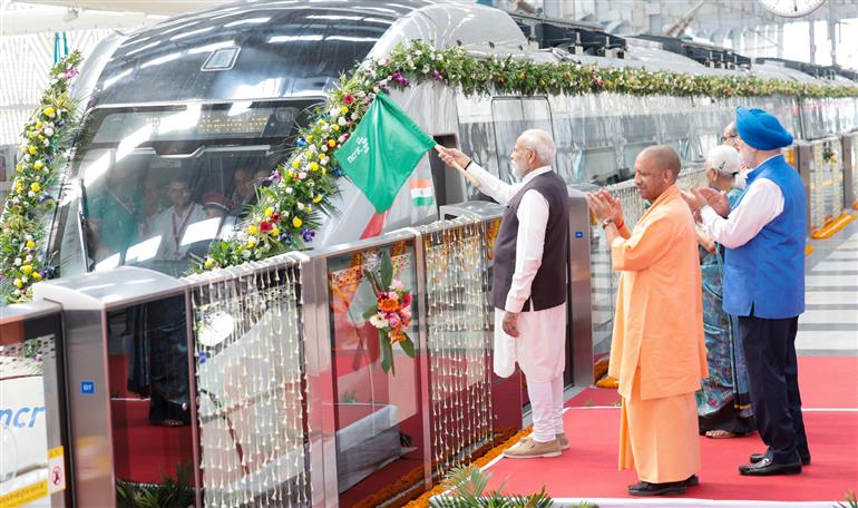 PM flags off the RapidX train between Sahibabad to Duhai Depot, in Uttar Pradesh on October 20, 2023.