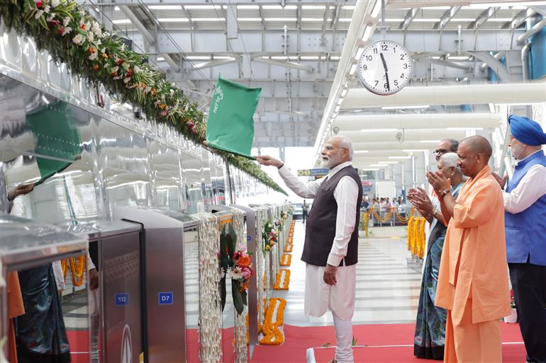 PM flags off the RapidX train between Sahibabad to Duhai Depot, in Uttar Pradesh on October 20, 2023.