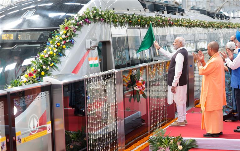 PM flags off the RapidX train between Sahibabad to Duhai Depot, in Uttar Pradesh on October 20, 2023.