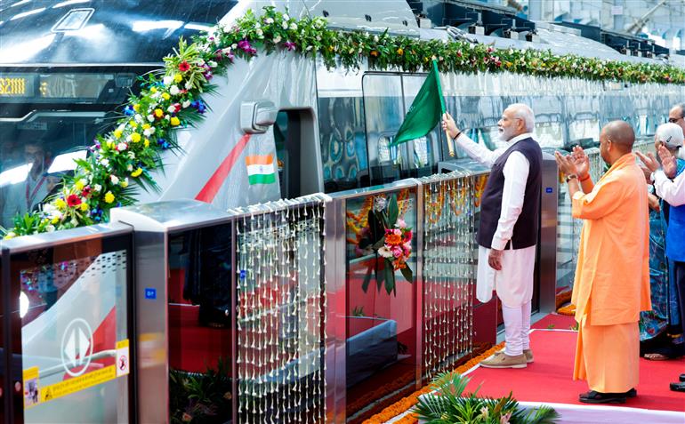 PM flags off the RapidX train between Sahibabad to Duhai Depot, in Uttar Pradesh on October 20, 2023.