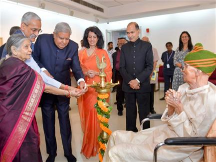 The Vice President, Shri Jagdeep Dhankhar lighting the lamp at the inauguration of  “Roaring Revival: Tigers of India" - an exhibition of charcoal sketches of tigers and water colour florals by Smt. Charumati Nirwan at All India Fine Arts & Crafts Society, in New Delhi on October 20, 2023.