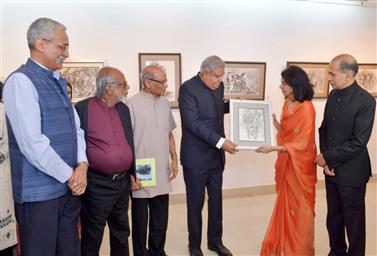 The Vice President, Shri Jagdeep Dhankhar visits an exhibition of charcoal sketches of tigers and water colour florals by Smt. Charumati Nirwan at All India Fine Arts & Crafts Society, in New Delhi on October 20, 2023.