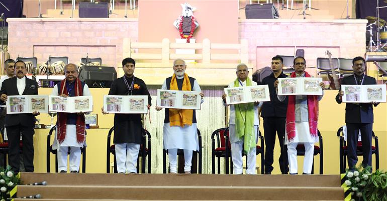 PM releases commemorative stamp in honour of 125th anniversary of ‘The Scindia School’ during its 125th Founder’s Day celebration, in Gwalior, Madhya Pradesh on October 21, 2023.