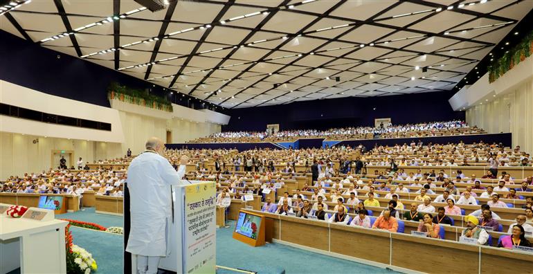 The Union Minister for Home Affairs and Cooperation, Shri Amit Shah addressing at the “National Symposium  on Production of Improved and Traditional Seed in Cooperative Sector” organized by Bharatiya Beej Sahkari Samiti Limited (BBSSL), in New Delhi on October 26, 2023.