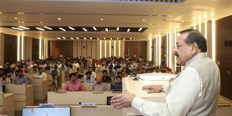 The Minister of State (Independent Charge) for Science & Technology, Prime Minister’s Office, Personnel, Public Grievances & Pensions, Atomic Energy and Space, Dr. Jitendra Singh addressing the Assistant Section Officers (ASOs) undergoing a 9-week long Foundation Training Program at IIPA, in New Delhi on October 26, 2023.