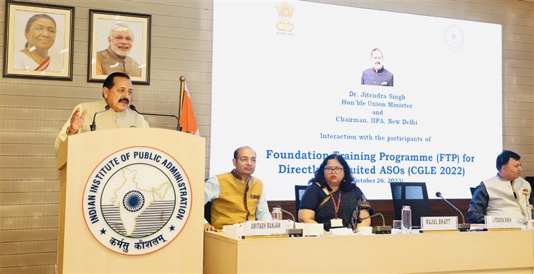 The Minister of State (Independent Charge) for Science & Technology, Prime Minister’s Office, Personnel, Public Grievances & Pensions, Atomic Energy and Space, Dr. Jitendra Singh addressing the Assistant Section Officers (ASOs) undergoing a 9-week long Foundation Training Program at IIPA, in New Delhi on October 26, 2023.