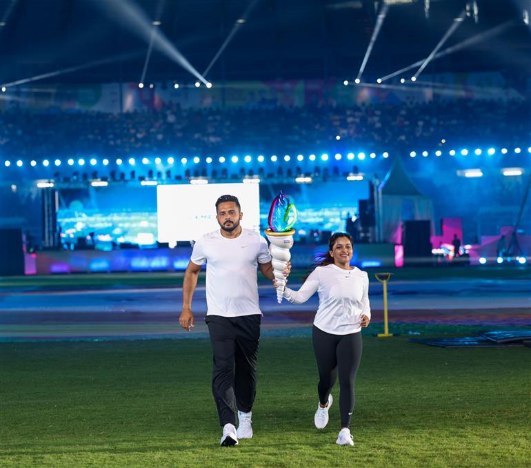 Glimpse of the inaugural function of the 37th National Games at Pandit Jawaharlal Nehru Stadium in Margao, Goa on October 26, 2023. PM addressing on the occasion.