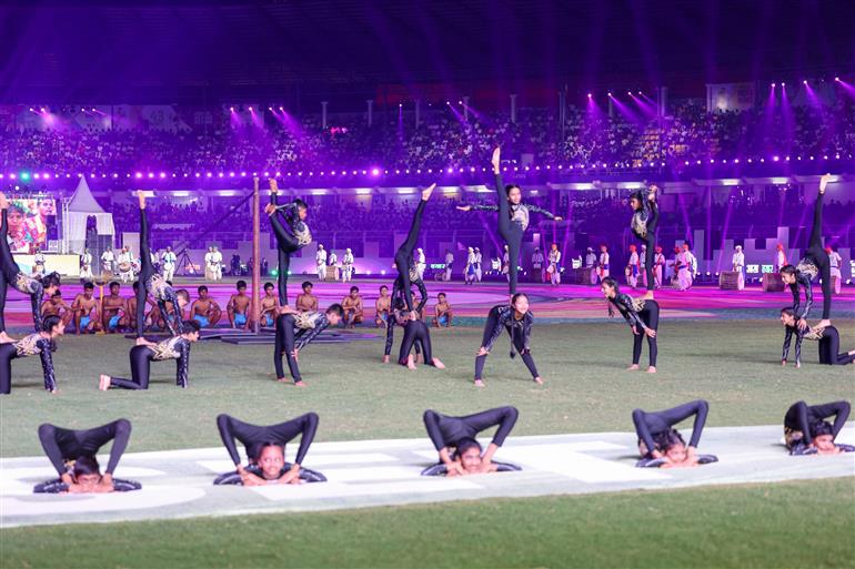 Glimpse of the inaugural function of the 37th National Games at Pandit Jawaharlal Nehru Stadium in Margao, Goa on October 26, 2023. PM addressing on the occasion.